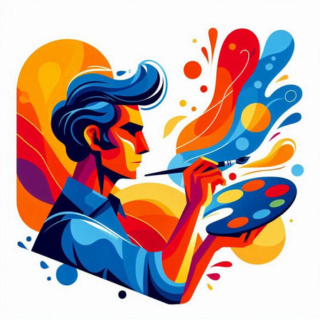 Vector illustration of a painter with palette and brush in his hands.のイラスト素材