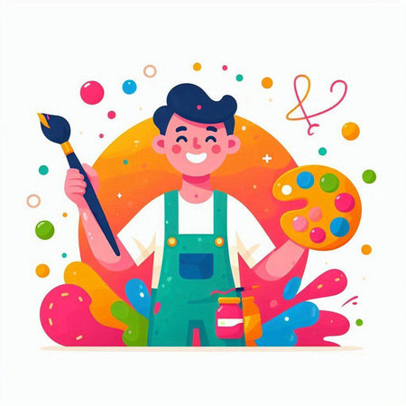 Painter in apron with palette and brush. Colorful vector illustration.のイラスト素材