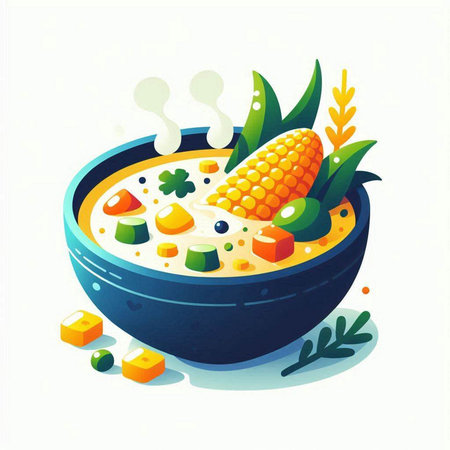 Vector illustration of a bowl of soup with corn, carrot, peas and parsleyのイラスト素材