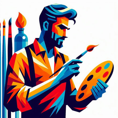 Painter with palette and brush. Vector illustration in retro style.のイラスト素材