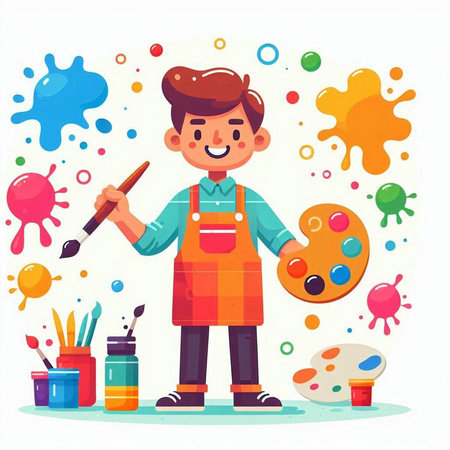 Cute boy painter in apron with brush and palette of paints. Vector illustrationのイラスト素材