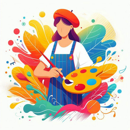 Painter girl with palette and brush. Colorful vector illustration.のイラスト素材