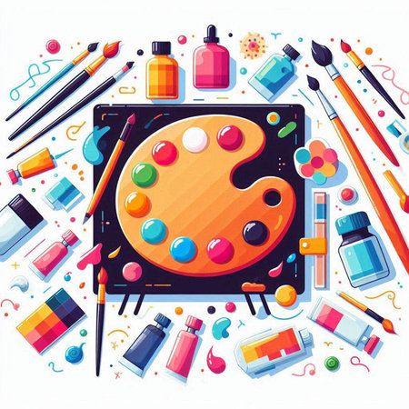 Vector illustration of palette with paints, brushes and paints on white backgroundのイラスト素材