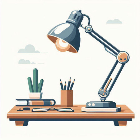 Desk lamp and office supplies. Vector illustration in flat cartoon style.のイラスト素材