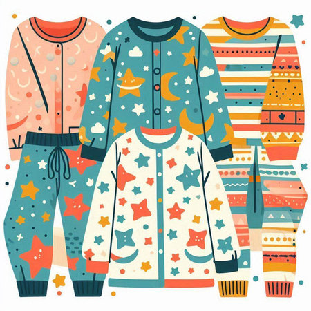 Vector illustration of cute pajamas in hand drawn style. Kids clothing.のイラスト素材