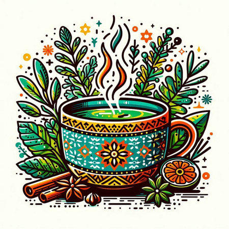 Hand drawn vector illustration of a cup of hot drink with floral ornament.のイラスト素材