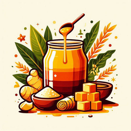 Honey jar with honeycomb, honey dipper, brown sugar cubes and leaves. Vector illustration.のイラスト素材