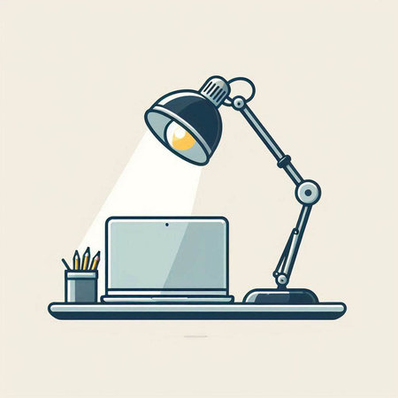 Laptop and lamp. Workplace in office. Vector illustration.のイラスト素材