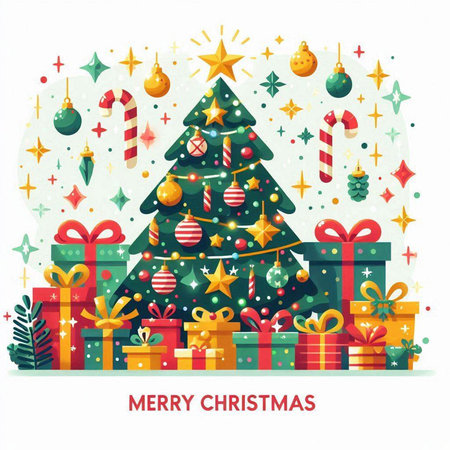 Merry Christmas and Happy New Year greeting card with Christmas tree and gifts. Vector illustration.のイラスト素材