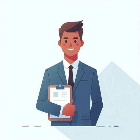 Businessman holding clipboard and smiling. Vector illustration in cartoon style.のイラスト素材