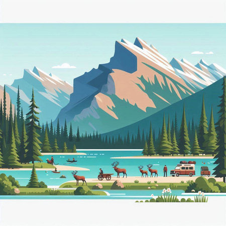 Mountains landscape with forest, river and camper car. Vector illustrationのイラスト素材