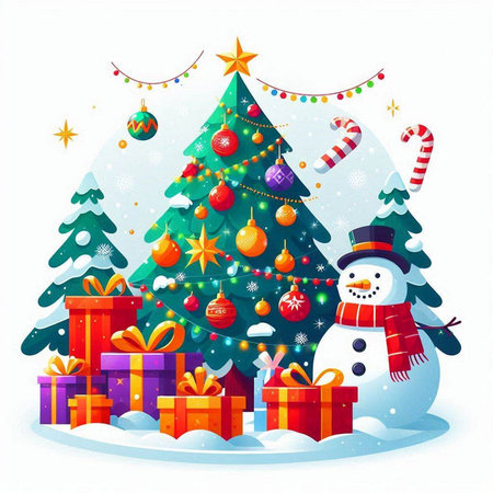 Christmas tree with snowman and gifts. Vector illustration. Eps 10のイラスト素材