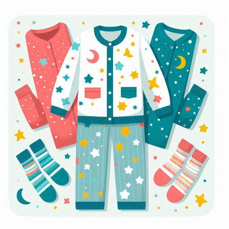 Vector illustration of pajamas with pajama, slippers, socks and stars.のイラスト素材