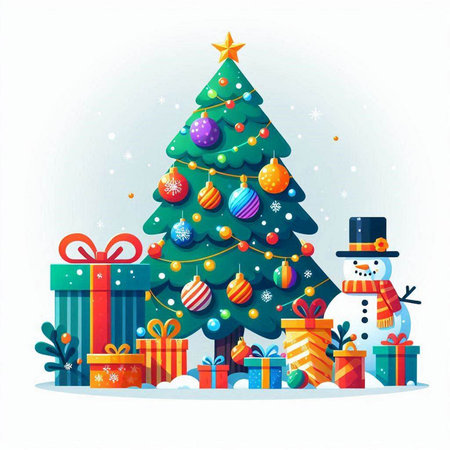 Christmas tree with gifts and snowman on white background. Vector illustration.のイラスト素材