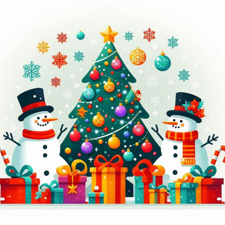 Christmas background with snowman, gifts and tree. Vector illustration.のイラスト素材