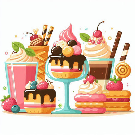 Illustration of a set of different ice cream desserts and sweet cakesのイラスト素材