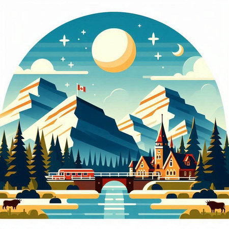 Landscape with mountains, forest, train and river. Vector illustration.のイラスト素材