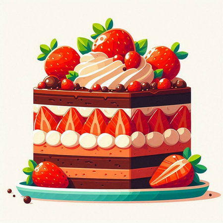 Birthday cake with strawberries and whipped cream. Vector illustration in retro style.のイラスト素材