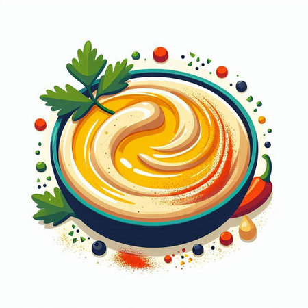 Hummus in a bowl on a white background. Vector illustration.のイラスト素材