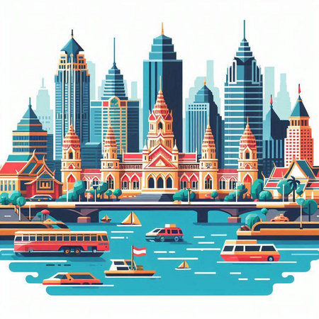 Cityscape of Bangkok, Thailand, Asia. Vector illustration in flat styleのイラスト素材