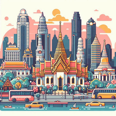 Cityscape of Bangkok. Vector illustration in flat style. Landmarks of Thailand.のイラスト素材