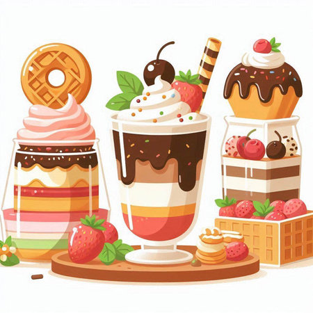 Vector illustration of a set of different sweet desserts in a glass cupのイラスト素材