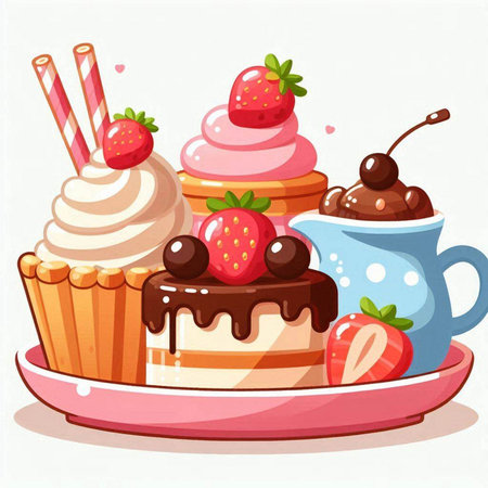Illustration of a Cup of Tea with a Cake, Strawberry and Chocolate Cakeのイラスト素材