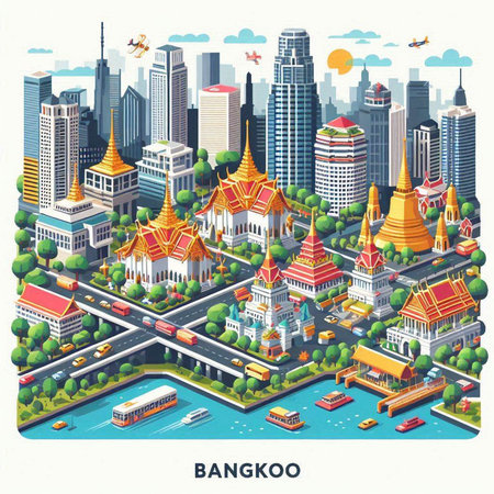 Bangkok isometric cityscape with skyscrapers, buildings, roads and street. Vector illustrationのイラスト素材