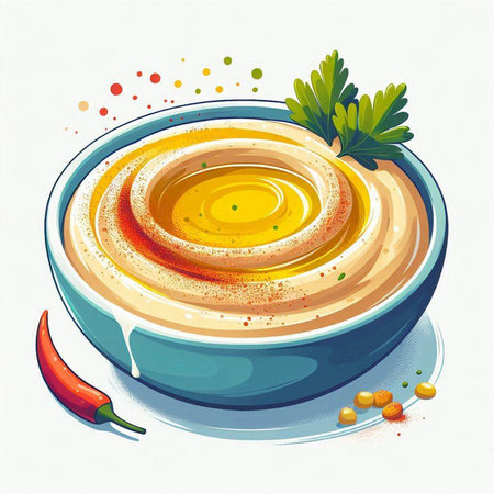 Illustration of hummus in bowl with chilli pepper and parsleyのイラスト素材