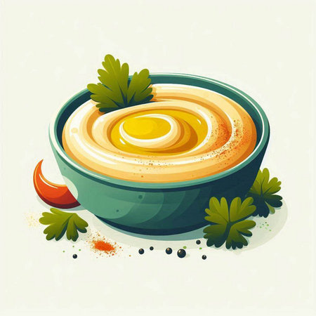 Bowl of hummus with olive oil and parsley. Vector illustration.のイラスト素材
