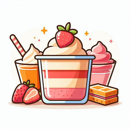 Vector illustration of a cup of milkshake with whipped cream and strawberries.のイラスト素材