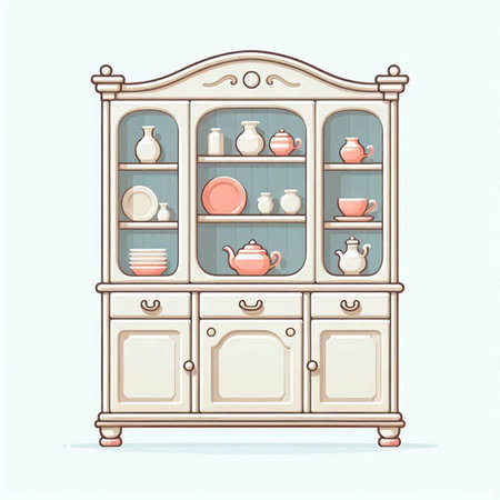 Vintage cupboard with dishes. Vector illustration in cartoon style.のイラスト素材