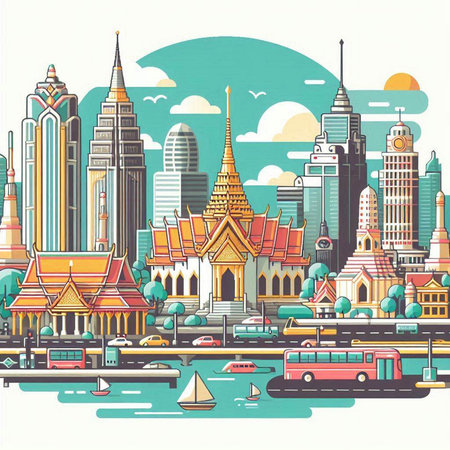 Bangkok cityscape with famous landmarks. Vector illustration in flat styleのイラスト素材