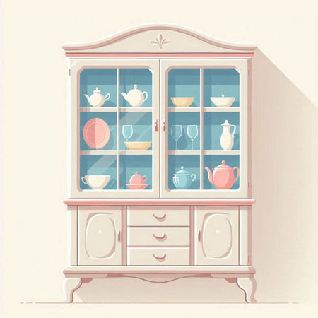 Vintage cupboard with dishes. Vector illustration in retro style.のイラスト素材