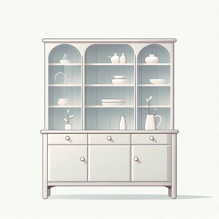 Cabinet with cupboards and vases. Vector illustration.のイラスト素材