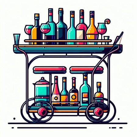 Vector illustration of a trolley with bottles of wine. Hand drawn line art design for web, site, advertising, banner, poster, board and print.のイラスト素材