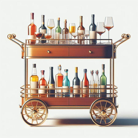 Vintage bar trolley with bottles and glasses. 3d renderingのイラスト素材