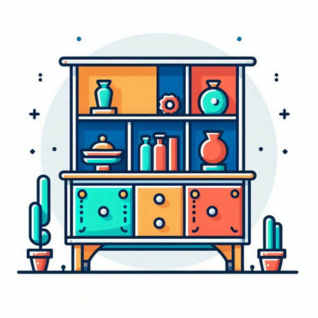 Cupboard with vases and bottles. Vector illustration in flat styleのイラスト素材
