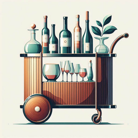 Vector illustration of a wooden trolley with bottles of wine and glassesのイラスト素材