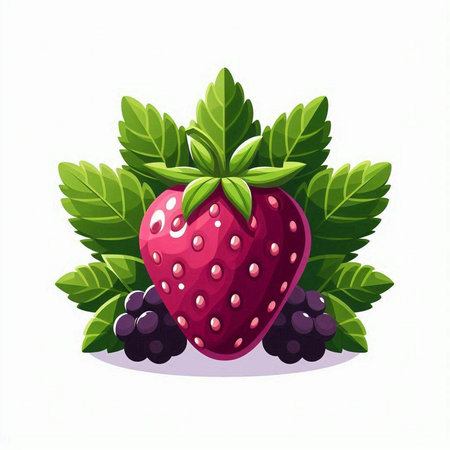Strawberry vector illustration isolated on white background. Fresh fruit with leaves.のイラスト素材