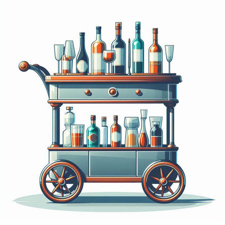 Vector illustration of a wine cart with bottles and glasses on a white backgroundのイラスト素材