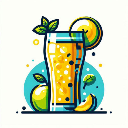 Vector illustration of fresh orange juice in a glass with slices of lemon and mint.のイラスト素材