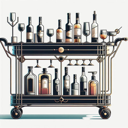 Trolley with bottles of alcohol. Vector illustration in retro style.のイラスト素材