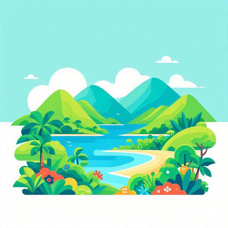 Tropical island landscape. Vector illustration in flat cartoon style.のイラスト素材