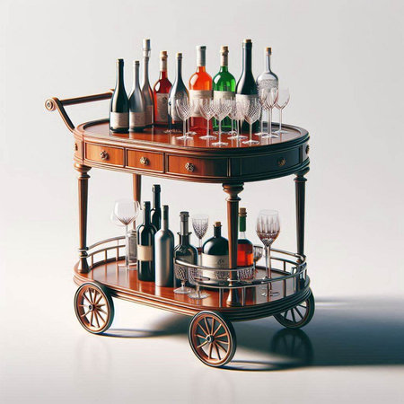 Vintage table with wine bottles and glasses. 3d illustration.のイラスト素材