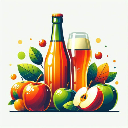 bottle of beer and apples on a white background. vector illustrationのイラスト素材