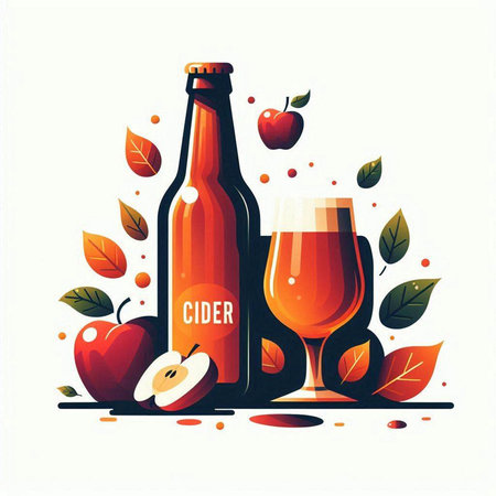 Vector illustration of a bottle of beer, apple and apple slices.のイラスト素材