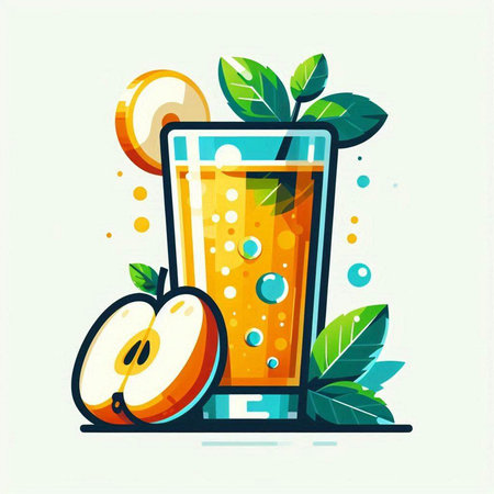 Glass of fresh juice with apple slices and mint leaves. Vector illustration.のイラスト素材
