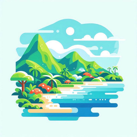 Tropical island with palm trees, sea and mountains. Vector illustrationのイラスト素材