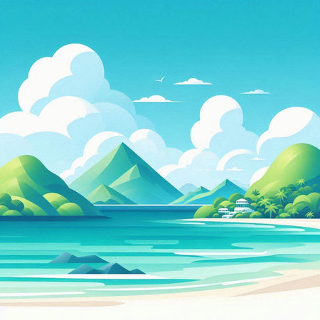 Beautiful seascape with sea and mountains. Vector illustration.のイラスト素材